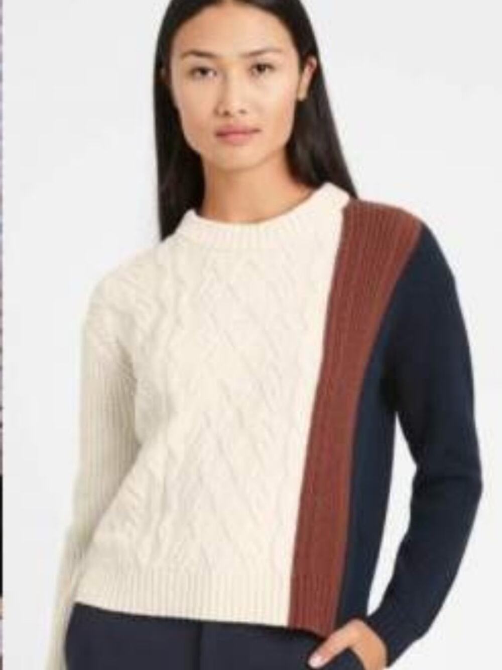Banana Republic Cable Knit Colorblock Crewneck Sweater Cream Brown Dark Navy - S